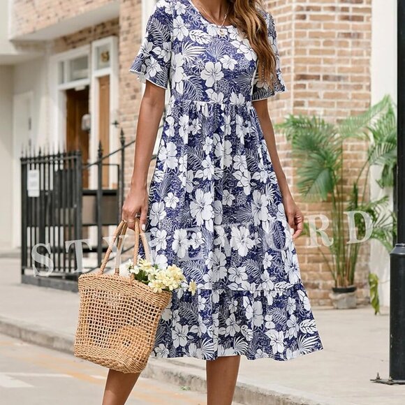 Women's Summer 2025 Casual Short Sleeve Tiered Flowy Spring Dress Long Midi Beac - Picture 4 of 7